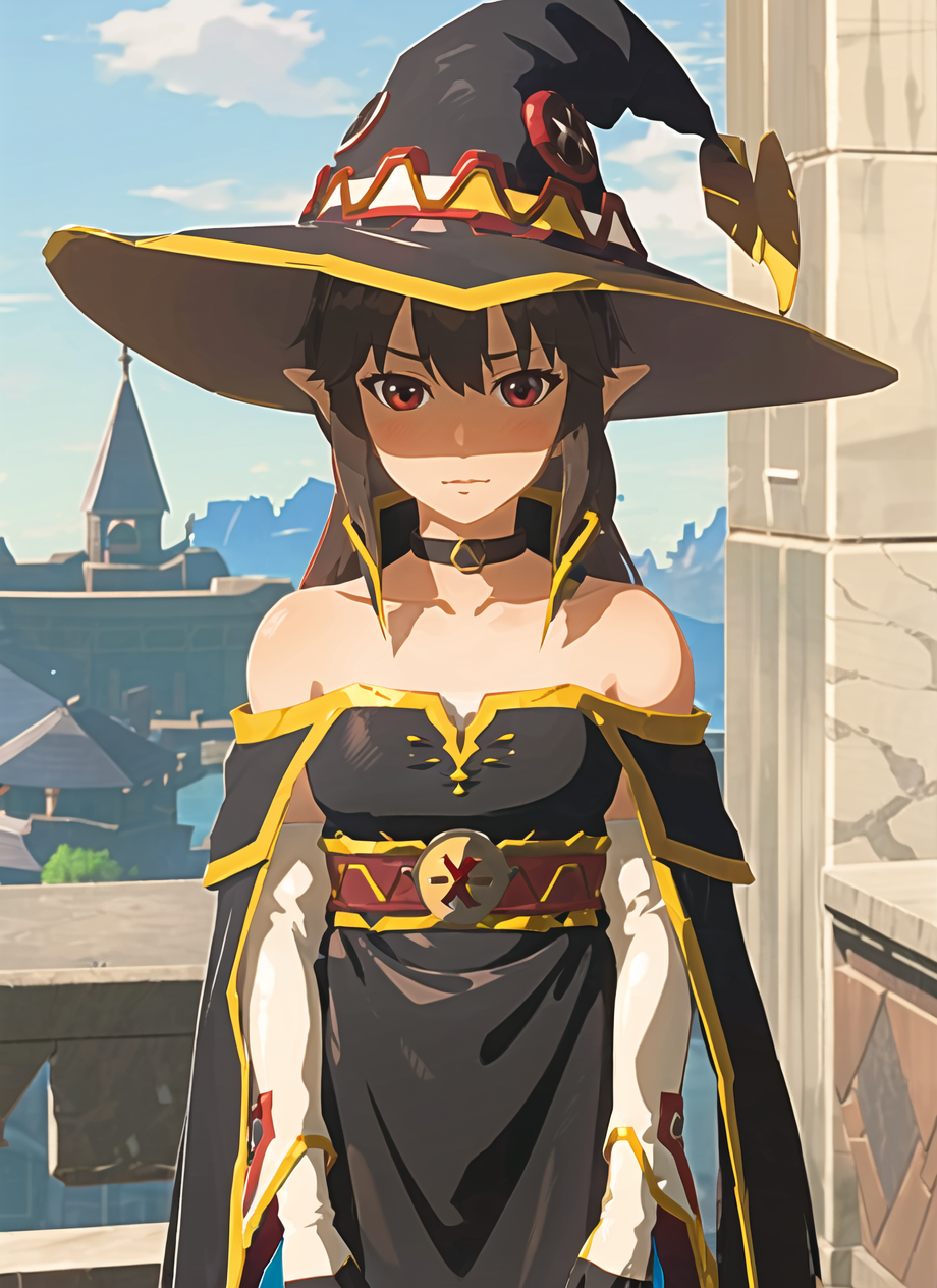3978521412-3357242140-botw style,megumin, 1girl, bare shoulders, black cape, black gloves, black hair, blush, cape, choker, collarbone, dress, hair be.png